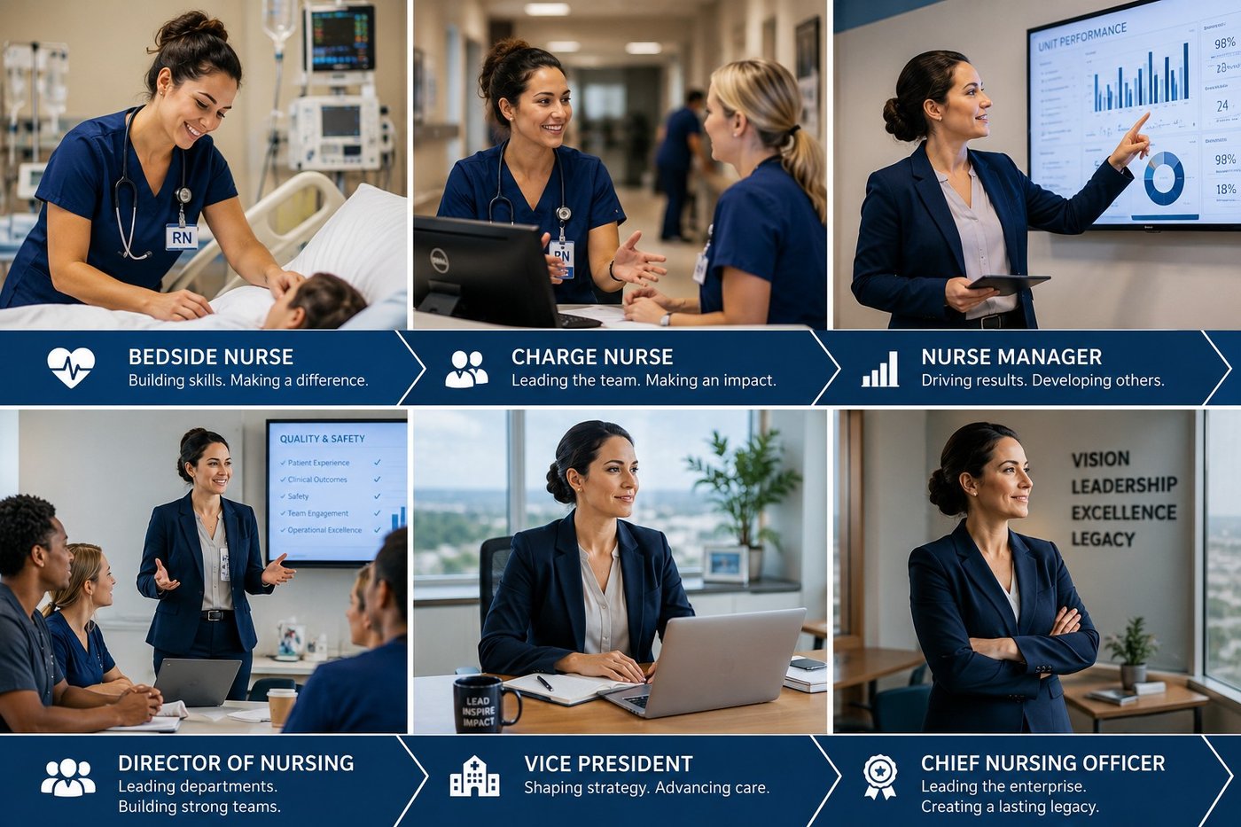 Nursing career ladder from Bedside Nurse to Chief Nursing Officer